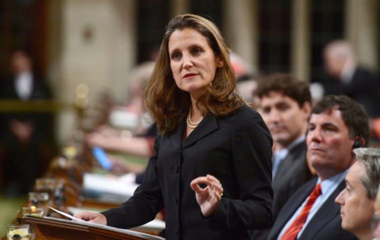 Foreign Affairs Minister Chrystia Freeland offered Canada’s support for the Alliance for Multilateralism during a meeting of G7 foreign ministers in Dinard