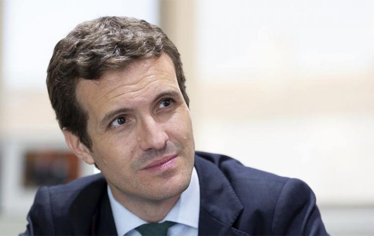 “Those who want to break up Spain have their favorite candidate in Sanchez,” conservative Pablo Casado said, standing behind a lectern in the studio