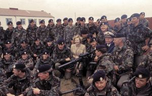 The former Prime Minister during a visit to the Falkland Islands after victory in the South Atlantic conflict 