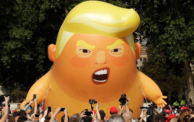 The visit has triggered calls for mass protests in London; demonstrations are planned in Trafalgar Square and floating the 20-foot inflatable “Trump Baby”