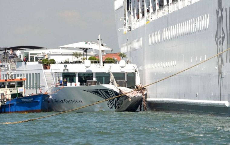 Tourists on the harbor could be seen running away as the 13-deck MSC Opera scraped along the dockside, its engine blaring, before knocking into a tourist boat