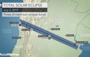 The first place on the continent to see the total solar eclipse will be La Serena, Chile, and the last place will be just south of Buenos Aires, Argentina