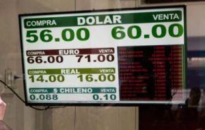 Trading of the US dollar opened in Buenos Aires markets at 59 Pesos to the dollar, but rapidly climbed to 65 Pesos and closed at 58 Pesos