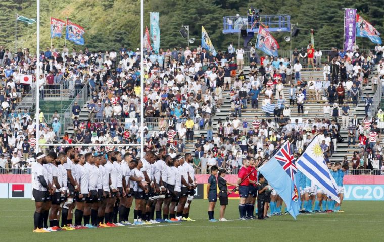 The sky blue Teros lined up before the start of the game in Kamaishi which had Crown Prince Akishino among the spectators of the contest 