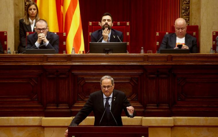 Addressing the Catalan parliament, pro-independence regional chief Quim Torra criticized the rioting, saying the separatist cause was a peaceful movement