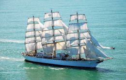 ARA Libertad with all her sails displayed. She will be open to visits in London over the weekend 