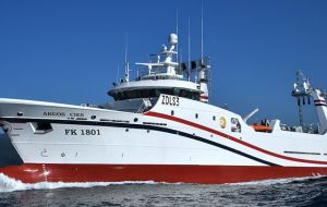 Stern trawler F/V Argos Cies, one of the new-build to join the Falklands' fishing fleet. She was built at Nodosa shipyards in Galicia at a declared cost of €21 million.