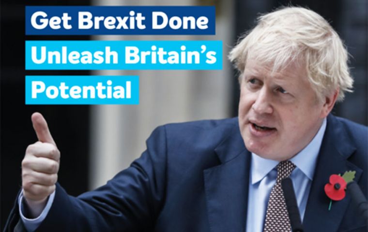 Conservative party manifesto “Get Brexit Done, Unleash Britain’s Potential”, with a picture of PM Boris Johnson 