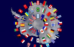 Map of Antarctica with the flags of the Antarctic Treaty nations. Accurate for Feb 2012 (49 nations). Inner ring are the original 12 signatory nations, central ring are the remaining consultative nati