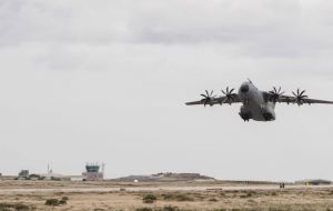 The RAF A400M Atlas aircraft based at Mount Pleasant Complex has deployed to Punta Arenas, Chile, to assist with the international search efforts for the missing Chilean C130 aircraft. (Pic BFSAI)
