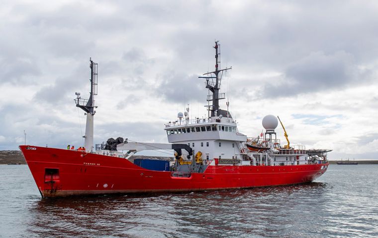 PHAROS SG, on regular deployment as a South Georgia and South Sandwich Islands fishery patrol vessel,  returned on Tuesday morning to Stanley Harbour (Pic BFSAI)