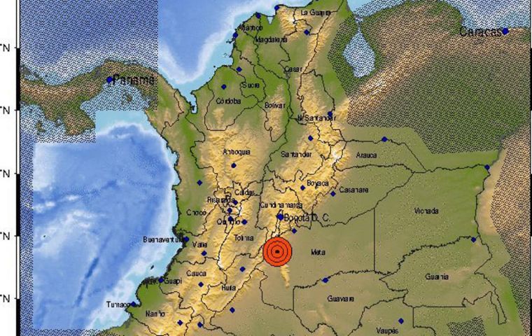 The quakes were very close to each other and only minutes apart. Epicenters were located about 150 kilometers south of the capital Bogota in the province of Meta