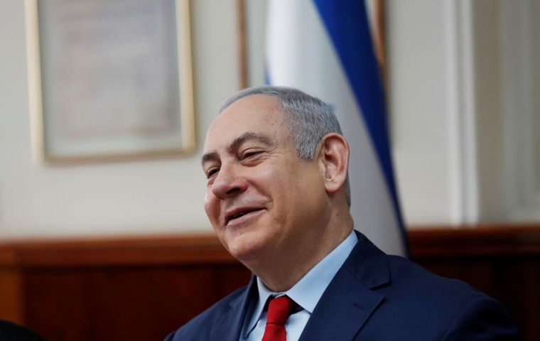 Netanyahu stumbled at the weekly cabinet meeting while reading in Hebrew prepared remarks on a deal with Greece and Cyprus on a subsea gas pipeline.