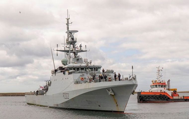 River-class OPV HMS Forth arrived in the Falklands last month, to pick up from HMS Clyde, working with the RAF and Army units based on the Islands.