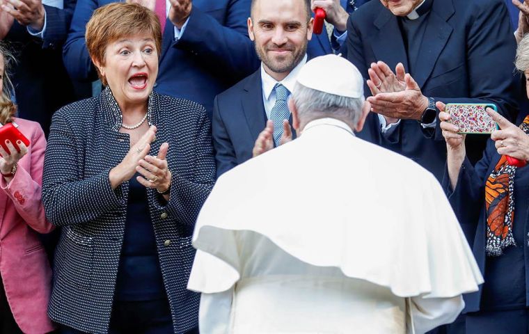 Francis attended a Vatican conference on the global economy whose participants included IMF chief Kristalina Georgieva and Finance Minister Martin Guzman