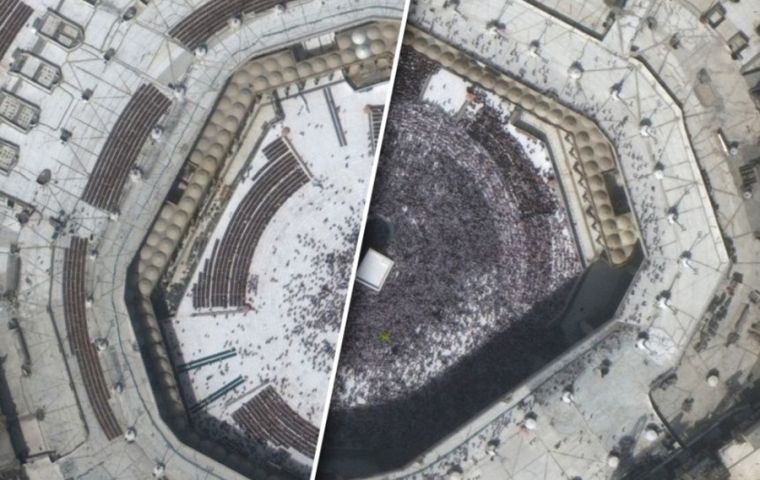 One image shows a handful of pilgrims circling the granite Kaaba at Mecca's Grand Mosque, a sacred site usually thronged with worshippers: before and after