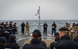 The crew of the patrol ship were joined by personnel from British Forces South Atlantic Islands (BFSAI), led by BFSAI commander, Brigadier Nick Sawyer.