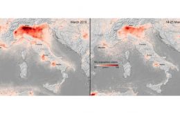 Copernicus Sentinel-5P satellite released three composite images showing nitrogen dioxide concentrations, Mar 14-25 over France, Spain and Italy