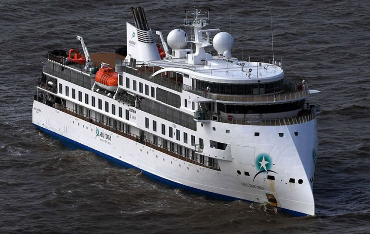 The “Greg Mortimer” was on a cruise to Antarctica and has some 128 COVID-19 tested positive cases (Pic P.Porciuncula/AFP/Getty)