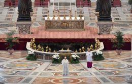 The pontiff spoke softly at a ceremony attended by just a handful of priests and a small choir that was spaced out across the marble floor of Saint Peter's Basilica.