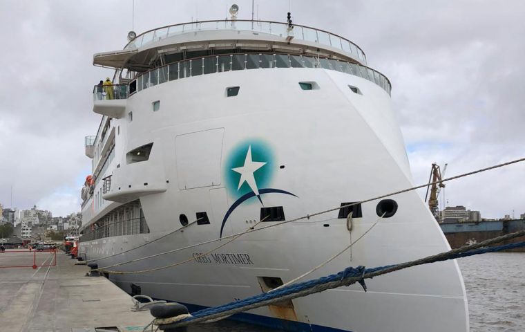 The “Greg Mortimer” was docked in Montevideo port with all sanitary precautions (Pic Daniel Castro)