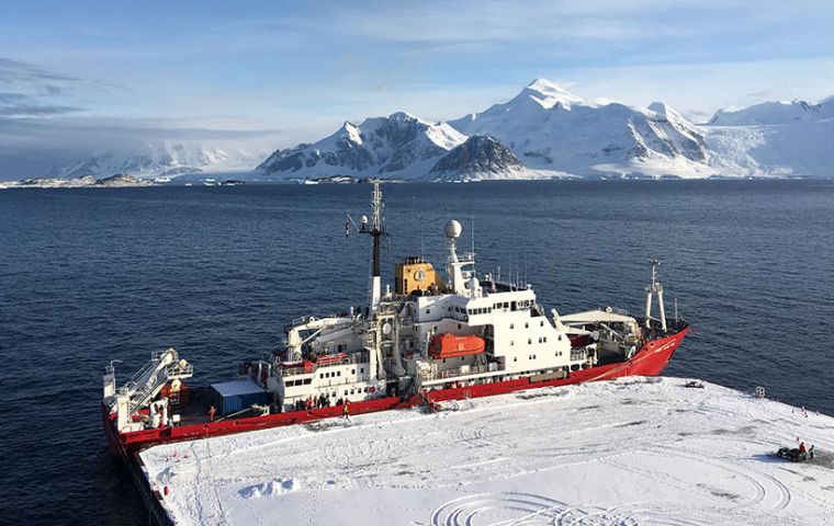 The RRS James Clark Ross moored at the new wharf at Rothera Research Station (Pic BAS)