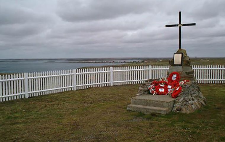 Monument to the Goose Green battle which ended 29 May 1982 