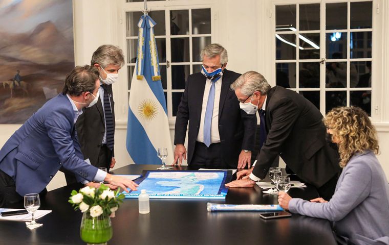  Argentine president Alberto Fernandez and Foreign minister Felipe Solá at the Olivos residence with a display of South Atlantic charts 