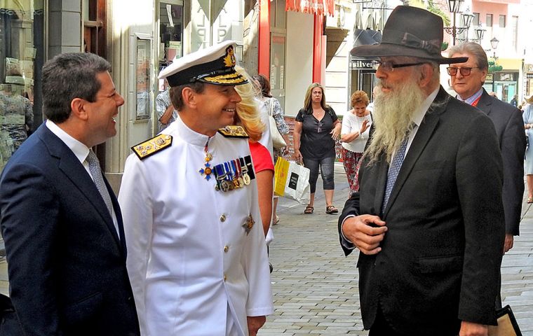 Sir David took a stroll down Main Street from the Parliament to his new home at the Convent.  On the way he talked to a number of people, including the Chief Rabbi Ron Hassid