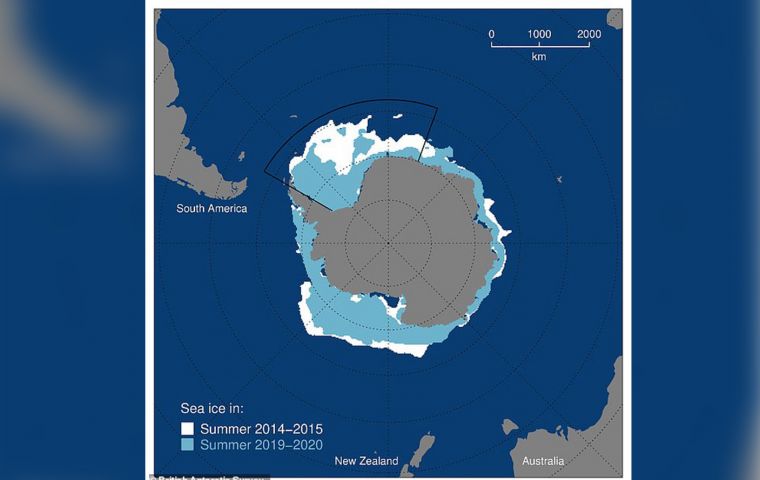 Ice loss occurred due to a series of severe storms in the Antarctic summer of 2016/17, along with the re-appearance of an area of open water in the middle of the ‘pack ice’ (known as a polynya) 
