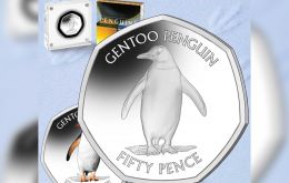 The reverse of the coins features a single stationary gentoo penguin, standing on ice