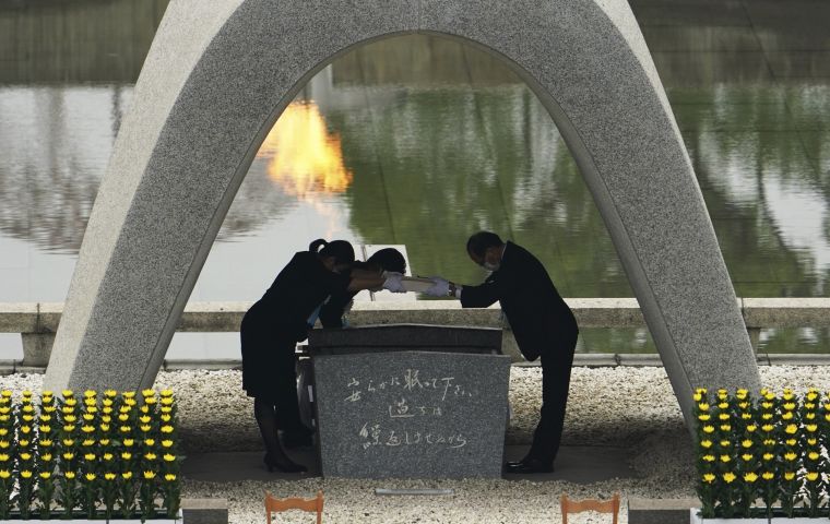 “On August 6, 1945, a single atomic bomb destroyed our city. Rumor at the time had it that ‘nothing will grow here for 75 years,’” said mayor Kazumi Matsui.