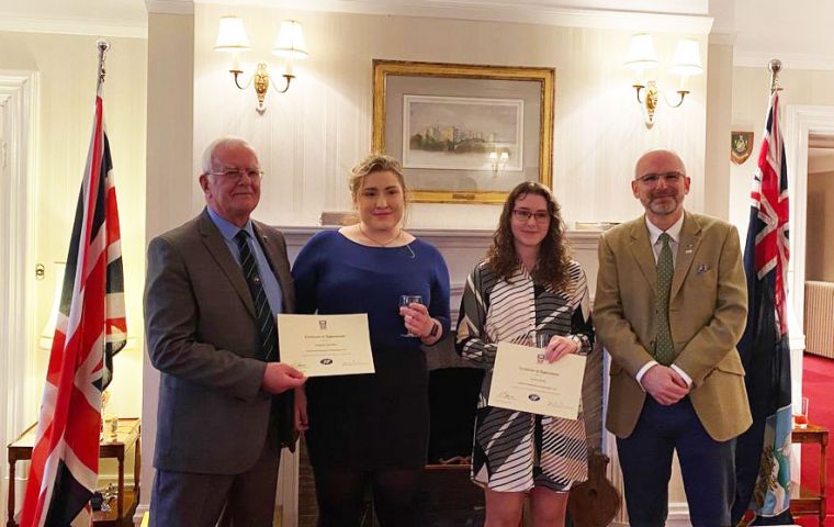 In awarding Hannah and India with their appointments, Governor Nigel Phillips CBE and MLA Roger Edwards  (L) stated that the Falklands is the first BOT to have such a program in place (Pic FIG)