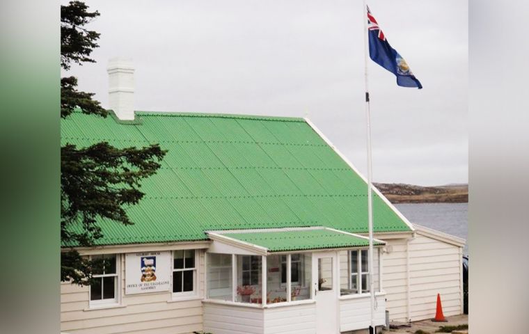 The Falklands' flag flying at Gilbert House, seat of the elected government of the Islands