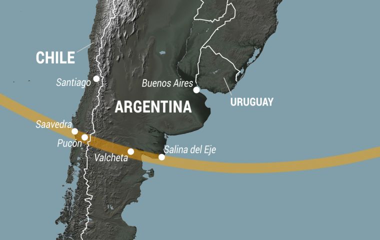 Map of the path of totality of the Dec.14, 2020 solar eclipse in Argentina and Chile. Image: NASA