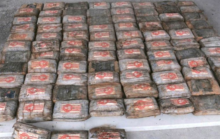 Some 649kg of cocaine was found hidden inside a vessel that had run ashore. Two packets have been sent to the US Drug Enforcement Administration for testing.