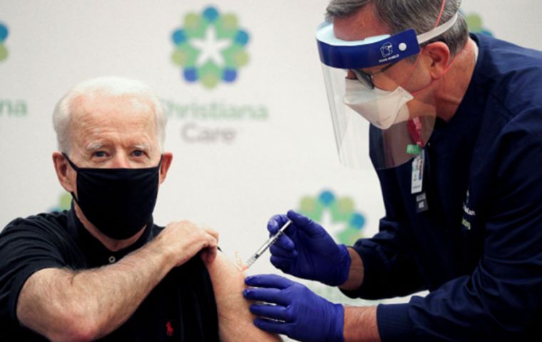Biden took off his sport jacket and said, “Ready, set, go.” Chief Nurse Executive Ric Cumin gave him the Pfizer shot at Christiana Hospital in Newark, Delaware (Pic Reuters)