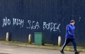 This included new graffiti in the Larne area, 32 kilometers northeast of Belfast, that “referenced increasing tensions around the Northern Ireland Protocol”