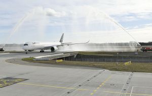 At Munich airport the Airbus A350-900 was greeted by the fire department with a water salute.