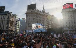 The march kicked off at the emblematic Obelisco monument in central Buenos Aires, where protesters waved flags and sang songs in homage to Maradona, choking streets