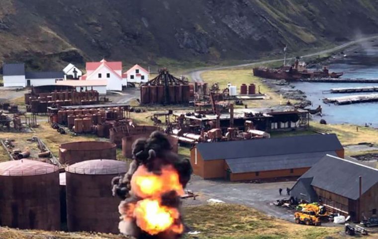 Leftover ordnance from the 1982 conflict is safely detonated above Grytviken (Photo: Royal Navy).