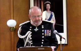 Governor Nigel Phillips, CBE in the ceremonial suit addressing the Falklands' elected Legislative Assembly