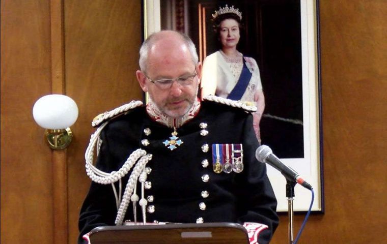 Governor Nigel Phillips, CBE in the ceremonial suit addressing the Falklands' elected Legislative Assembly