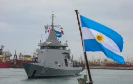 ARA Piedrabuena is received at its base port in Mar del Plata. French built, the OPV Piedrabuena is the second of a lot of four to be delivered 