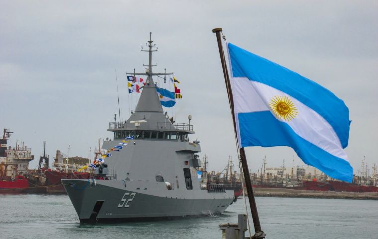 ARA Piedrabuena is received at its base port in Mar del Plata. French built, the OPV Piedrabuena is the second of a lot of four to be delivered 