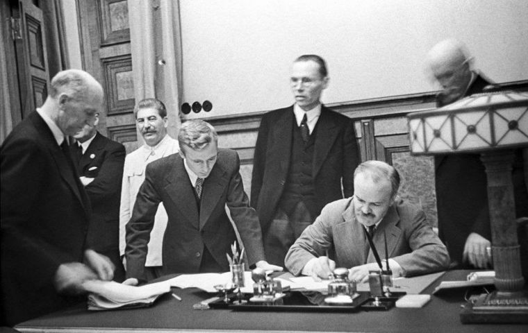 On 23 August 1939 the Molotov–Ribbentrop Pact was signed between USSR and Germany, dividing  Romania, Poland, Lithuania, Latvia, Estonia, and Finland into designated spheres of influence 