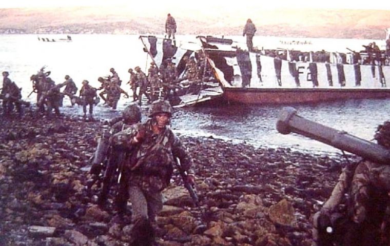 The summit is crowned by the Type 21 Memorial  honoring frigate crews whose ships formed a ring of steel around the amphibious forces landing men and material at San Carlos.