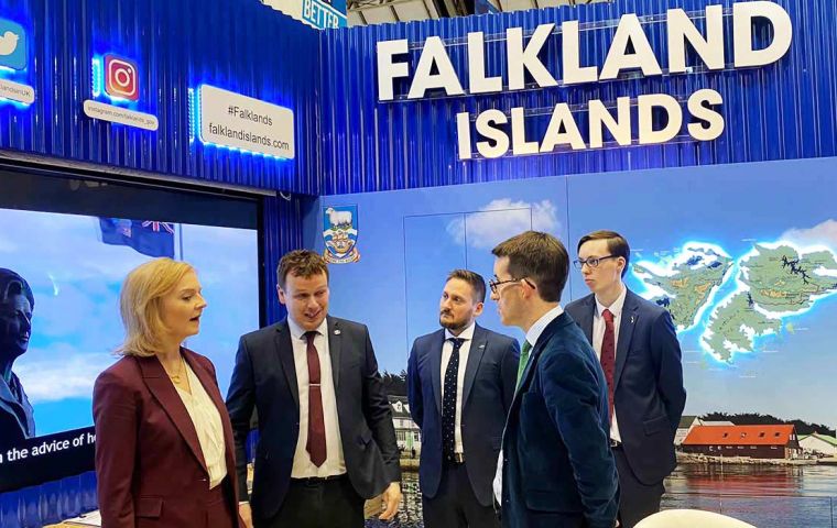 Members of the delegation at the Falklands' stand CPC 21 with MP Liz Truss, the newly appointed Foreign, Commonwealth and Development Affairs Secretary  