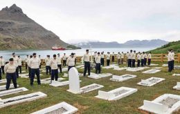 Shackleton is buried in Grytviken cemetery; Protector’s sailors, in woolen sweaters, gathered for a service of remembrance to celebrate his achievements