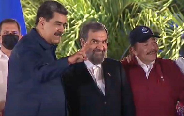 Daniel Ortega, with Venezuelan and Cuban presidents Maduro and Diaz-Canel and the Iranian official Mohsen Rezai